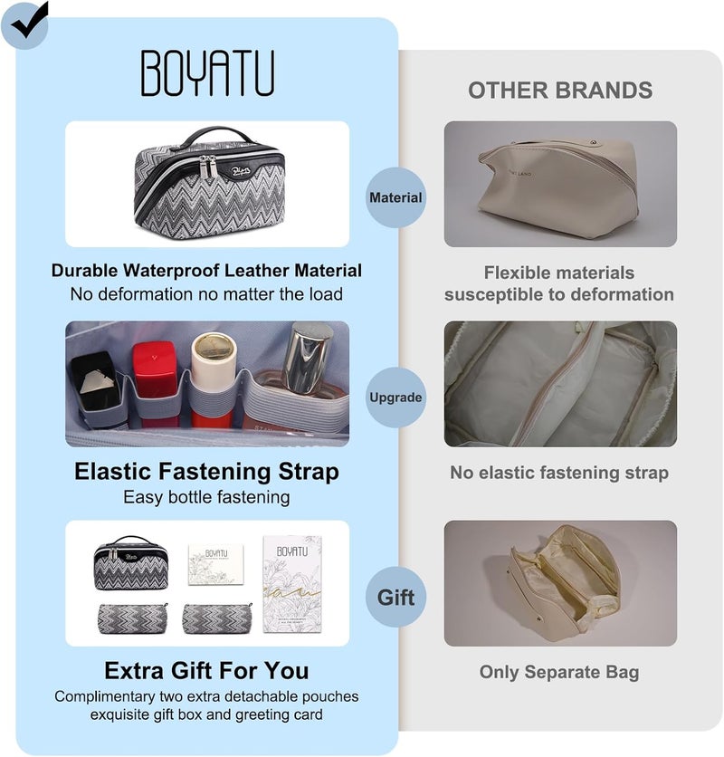 BOYATU Travel Makeup Bag for Women: Western Boho Make up Bag Set of 3 - Large Capacity Vegan Leather Cosmetic Bag - Waterproof Toiletry Bag with Compartments & Handle & Divider(J-3-Black) - Image 3